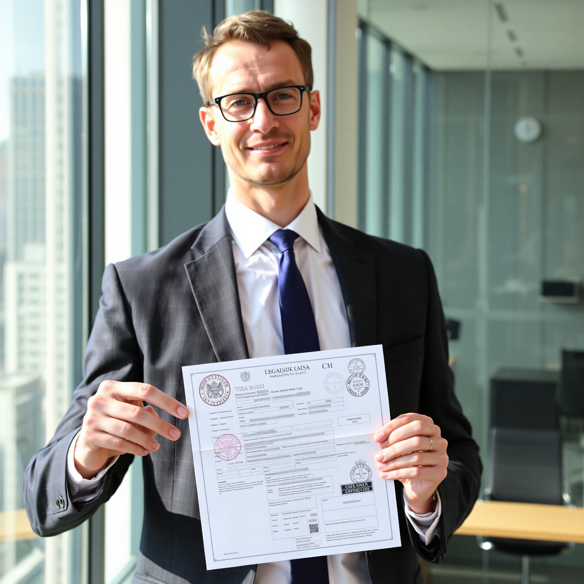 Business professional holding valid Polish work visa document with official government seal
