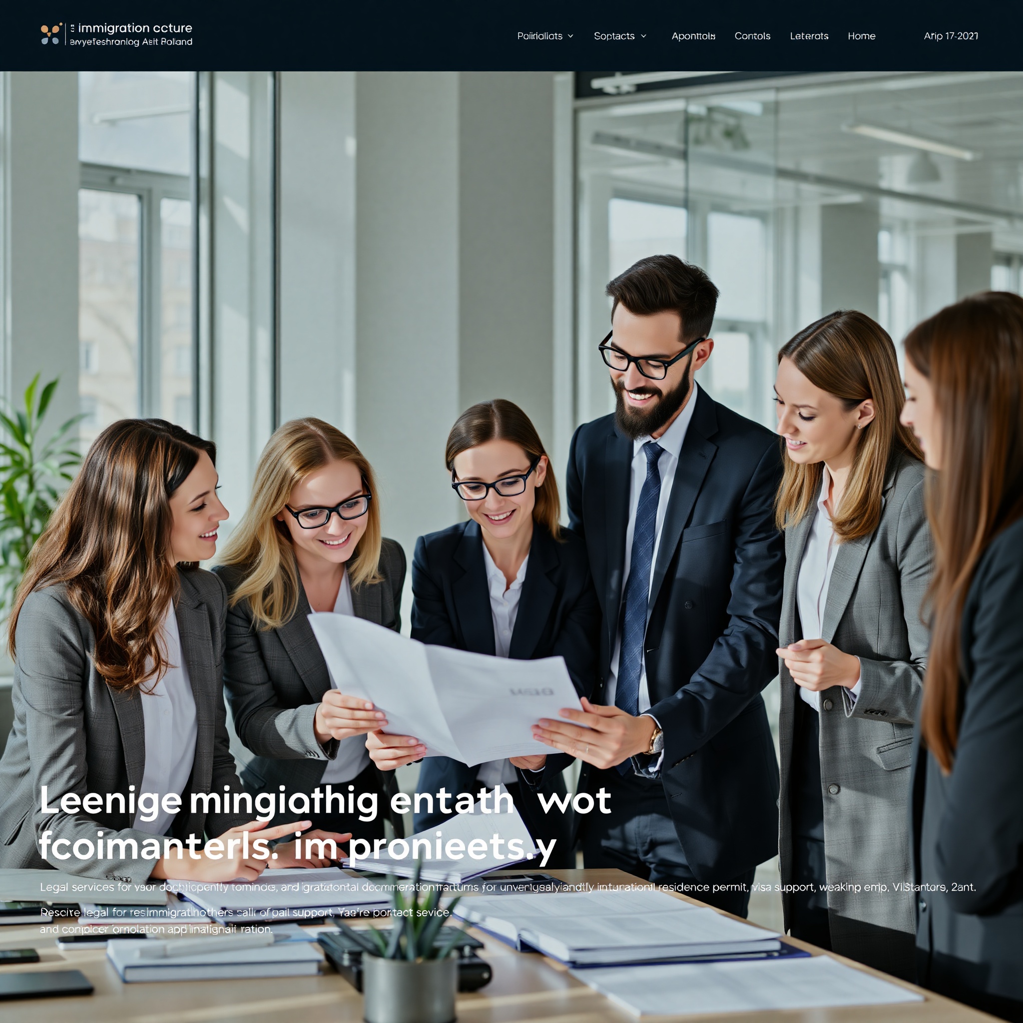 Diverse international professionals collaborating on visa documentation in contemporary legal office setting