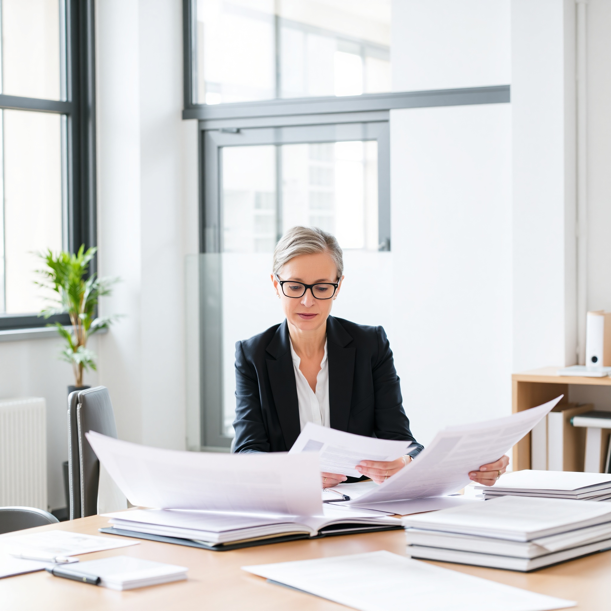Professional immigration lawyer reviewing residence permit documents at modern office desk with computer