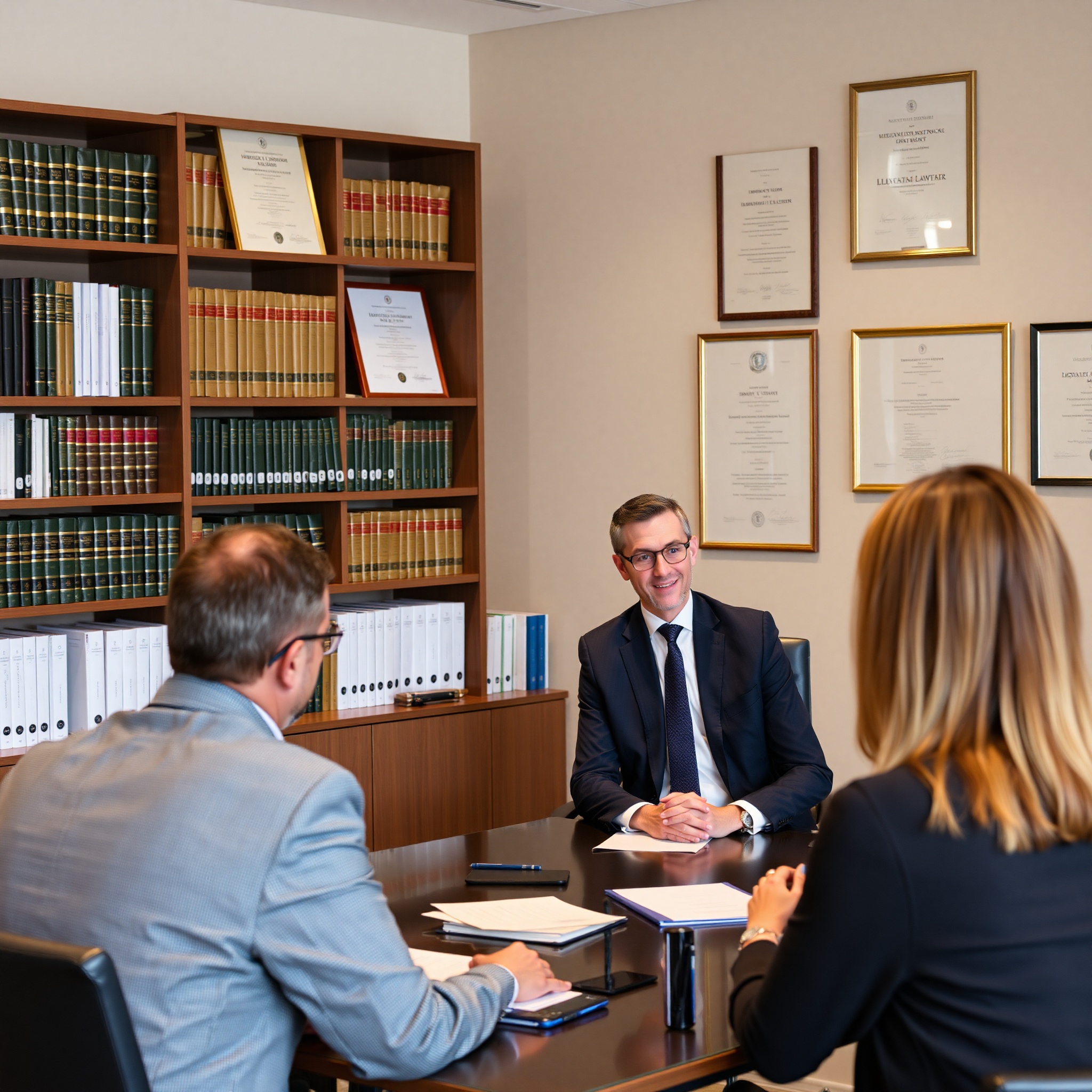 Experienced immigration lawyer in professional office environment with law books and certificates