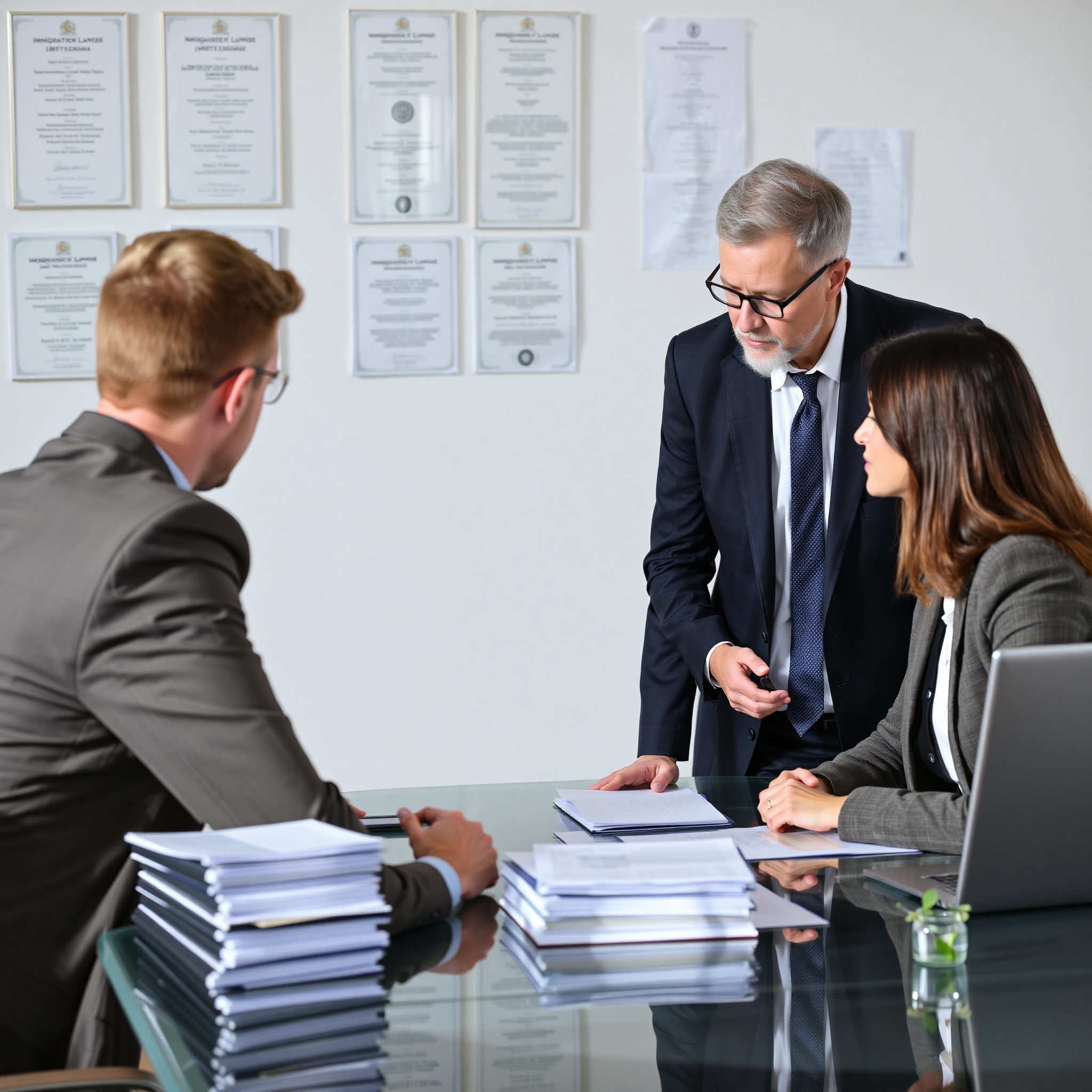 Professional immigration lawyer reviewing residence permit documents at modern office desk with computer
