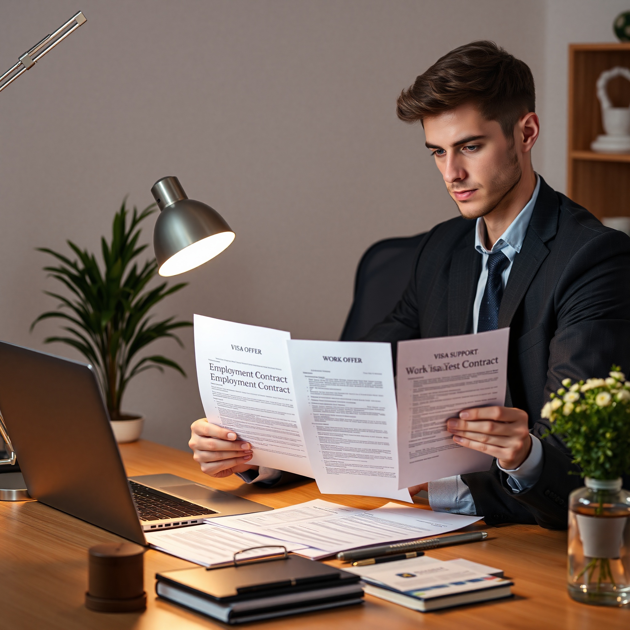 Young professional reviewing employment contract and work visa requirements for Polish position