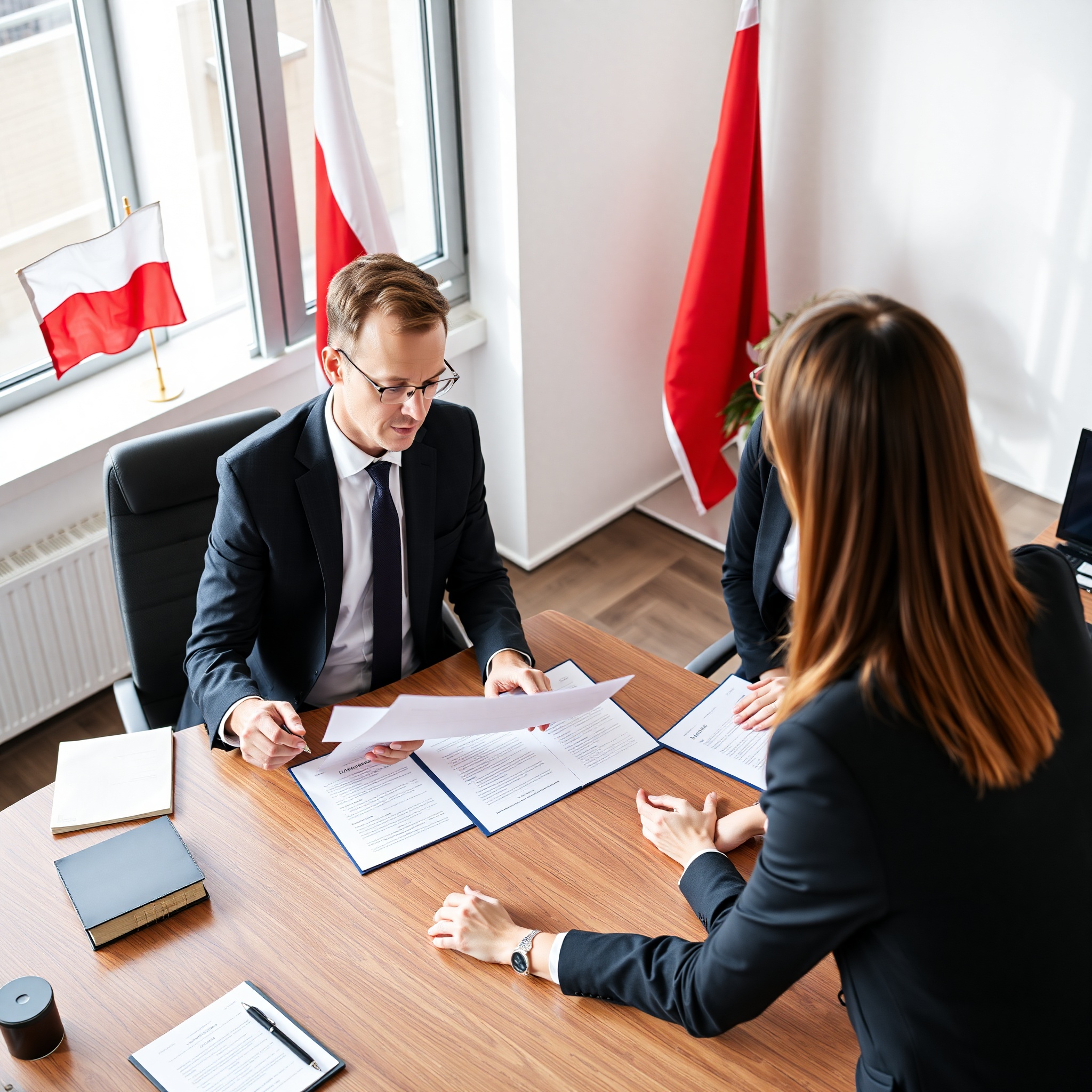 Professional immigration lawyer reviewing documents with client in modern law office