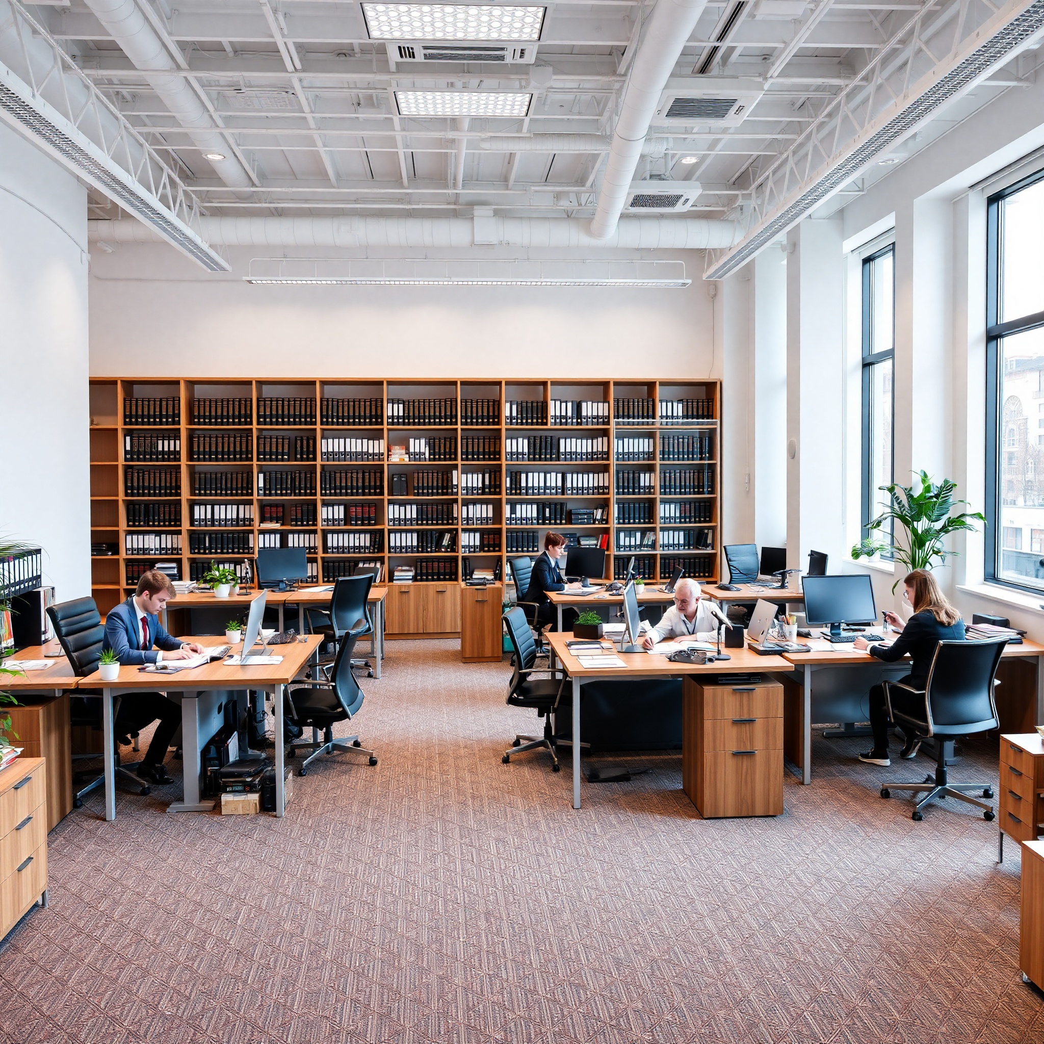 Modern immigration law office with team of professionals working on immigration cases and residence permit applications