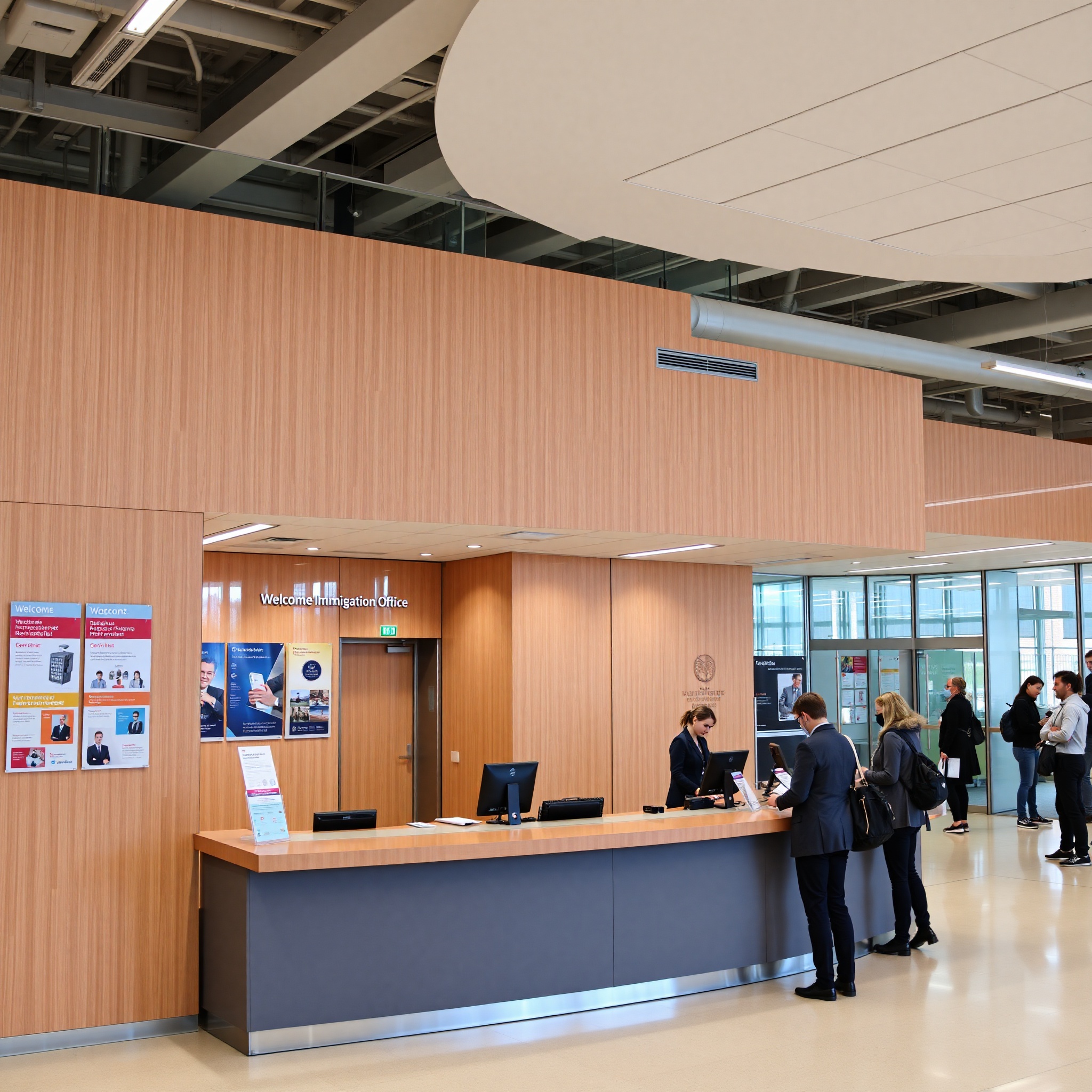Polish immigration office reception area with informational displays about legal residence requirements