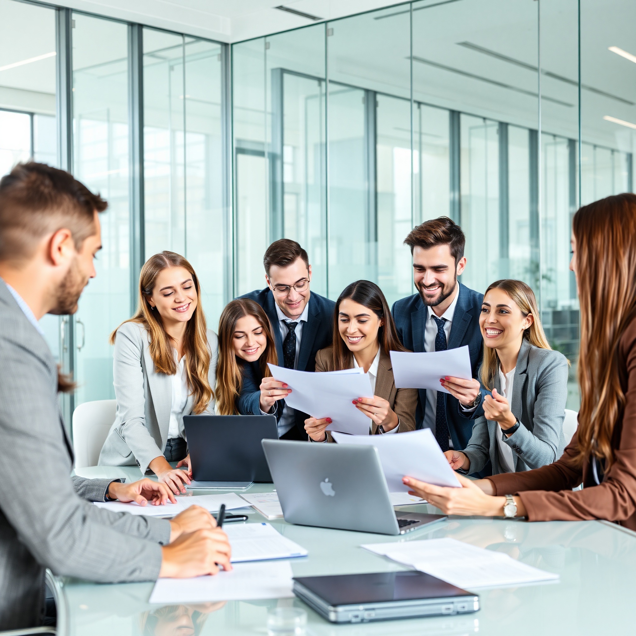 Diverse international professionals collaborating on visa documentation in contemporary legal office setting