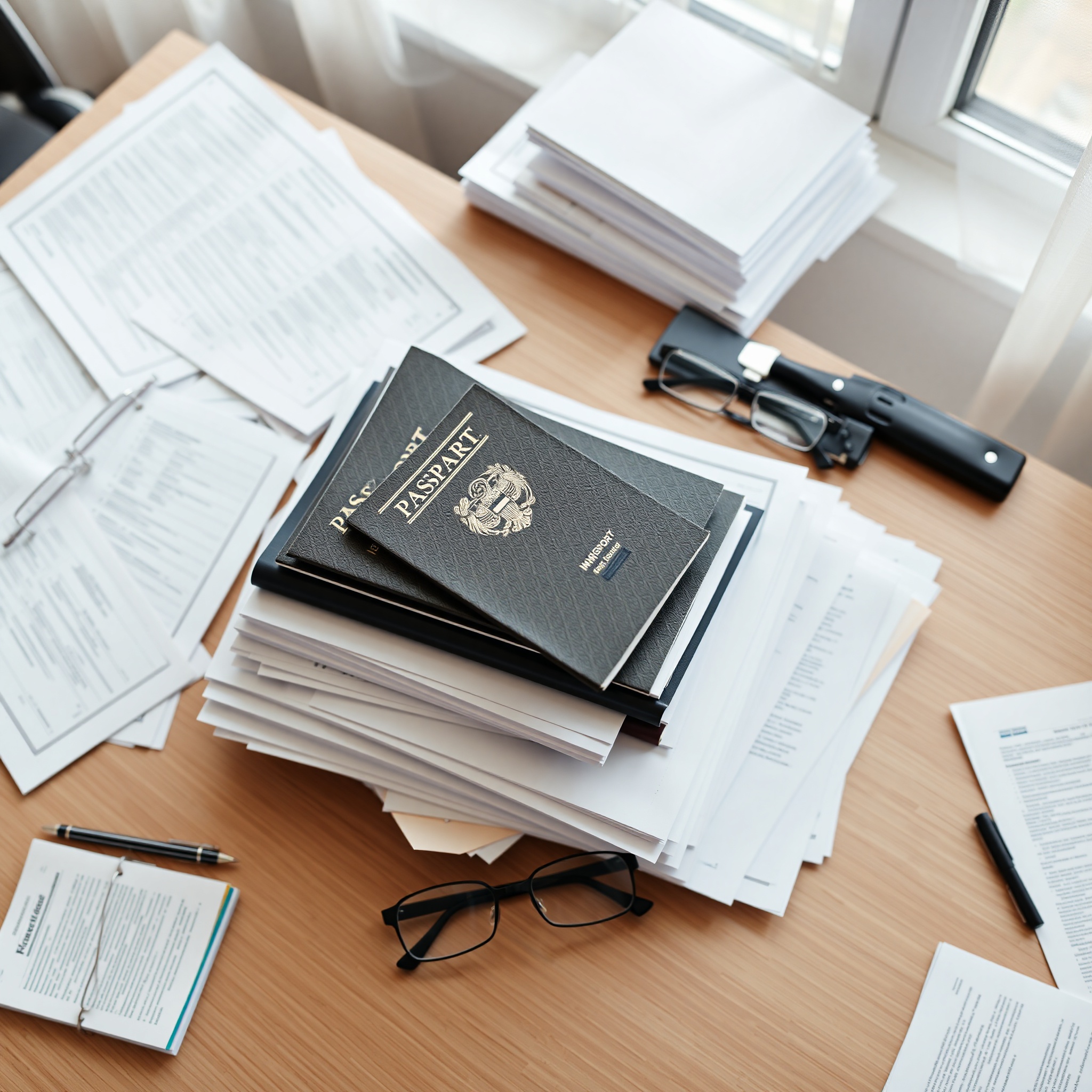 Professional documents and certificates arranged on desk for family reunification application