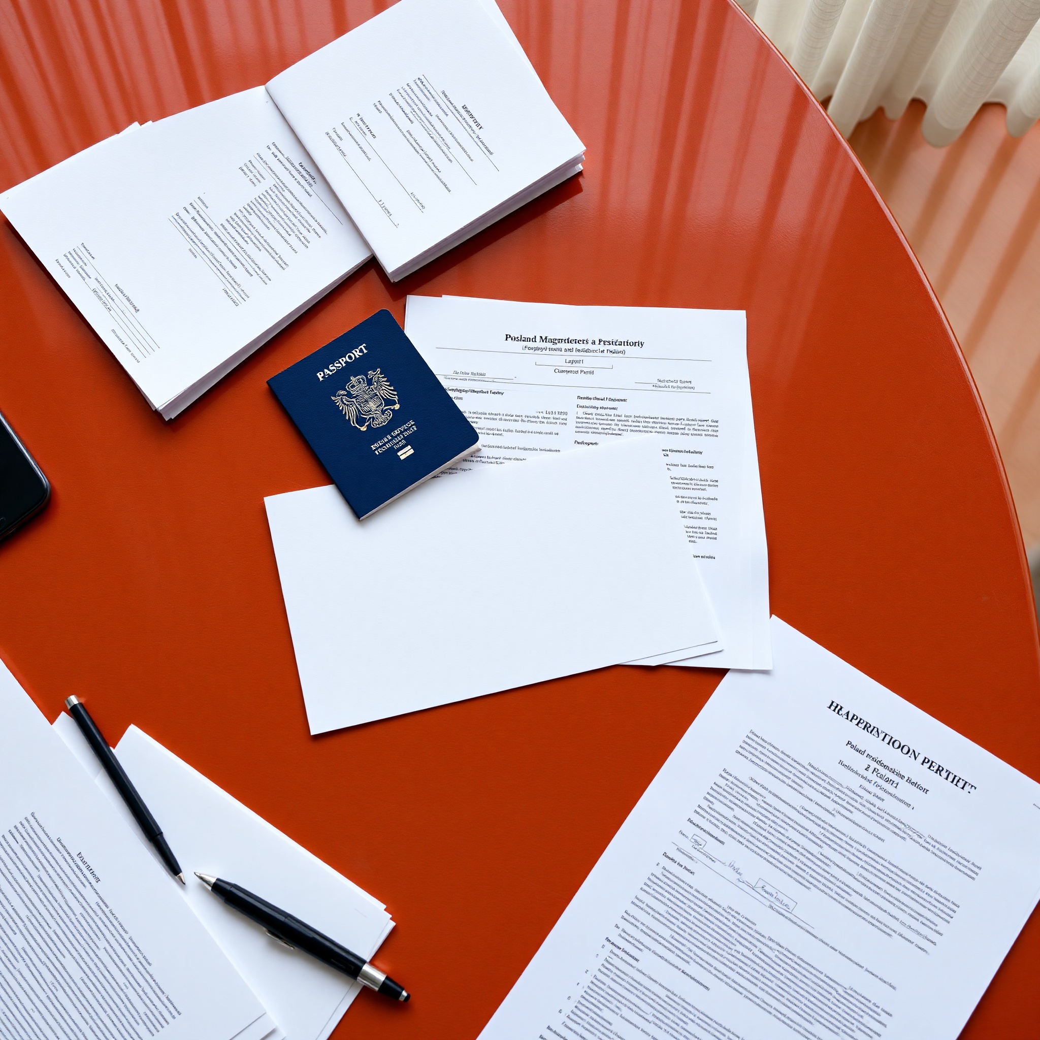 Professional documentation and passport materials arranged on wooden desk for Polish residence permit application