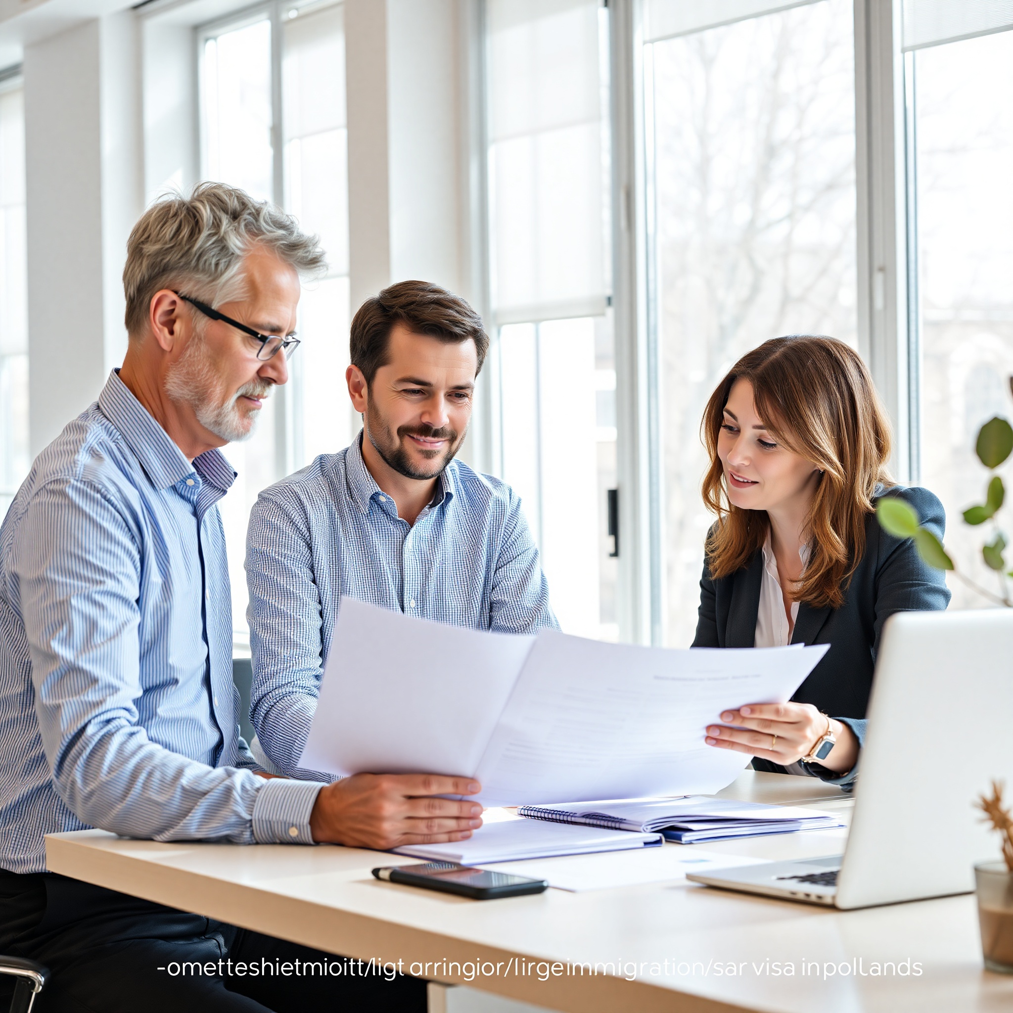 Diverse international professionals collaborating on immigration documentation in contemporary legal office setting