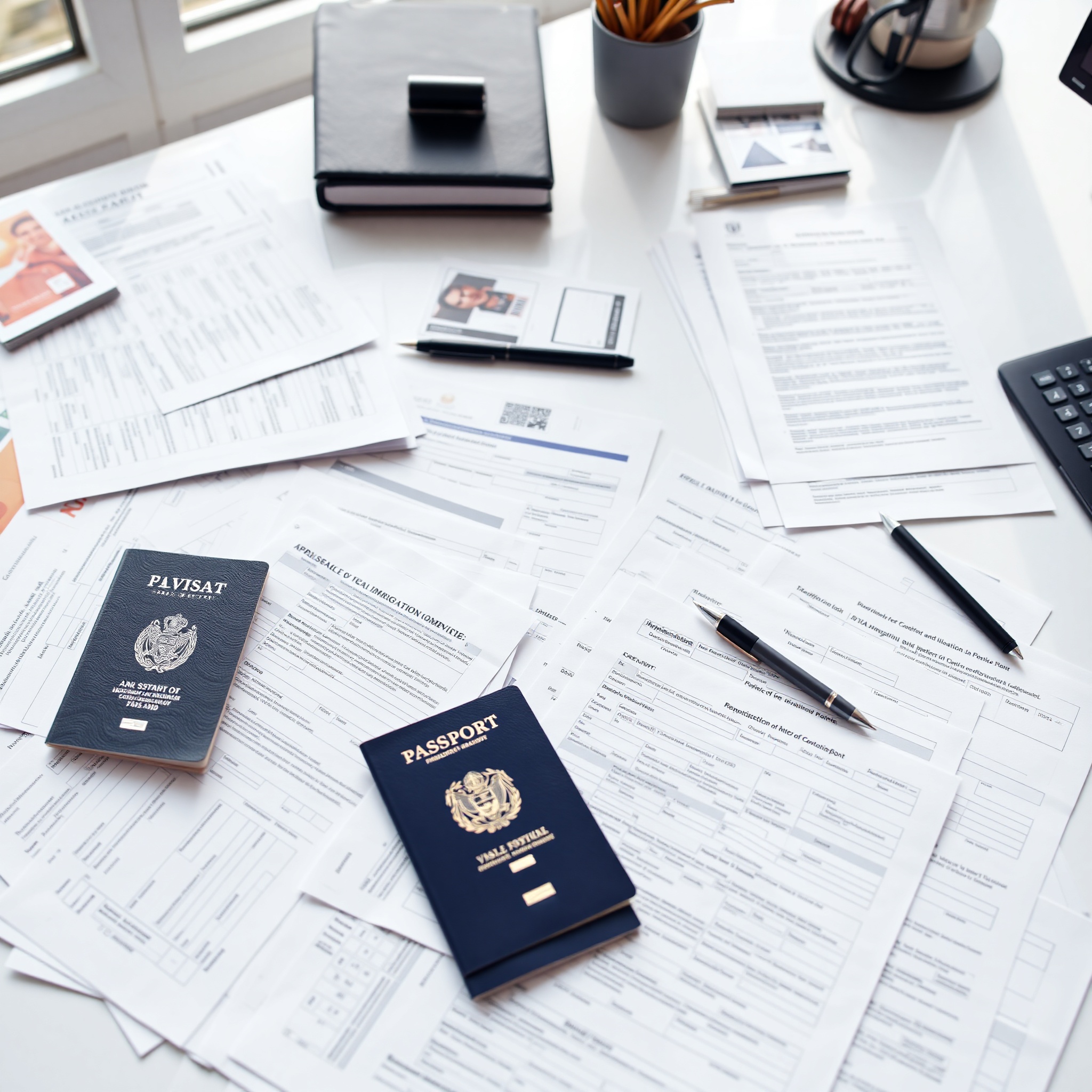 Visa application form with passport and travel documents arranged on desk