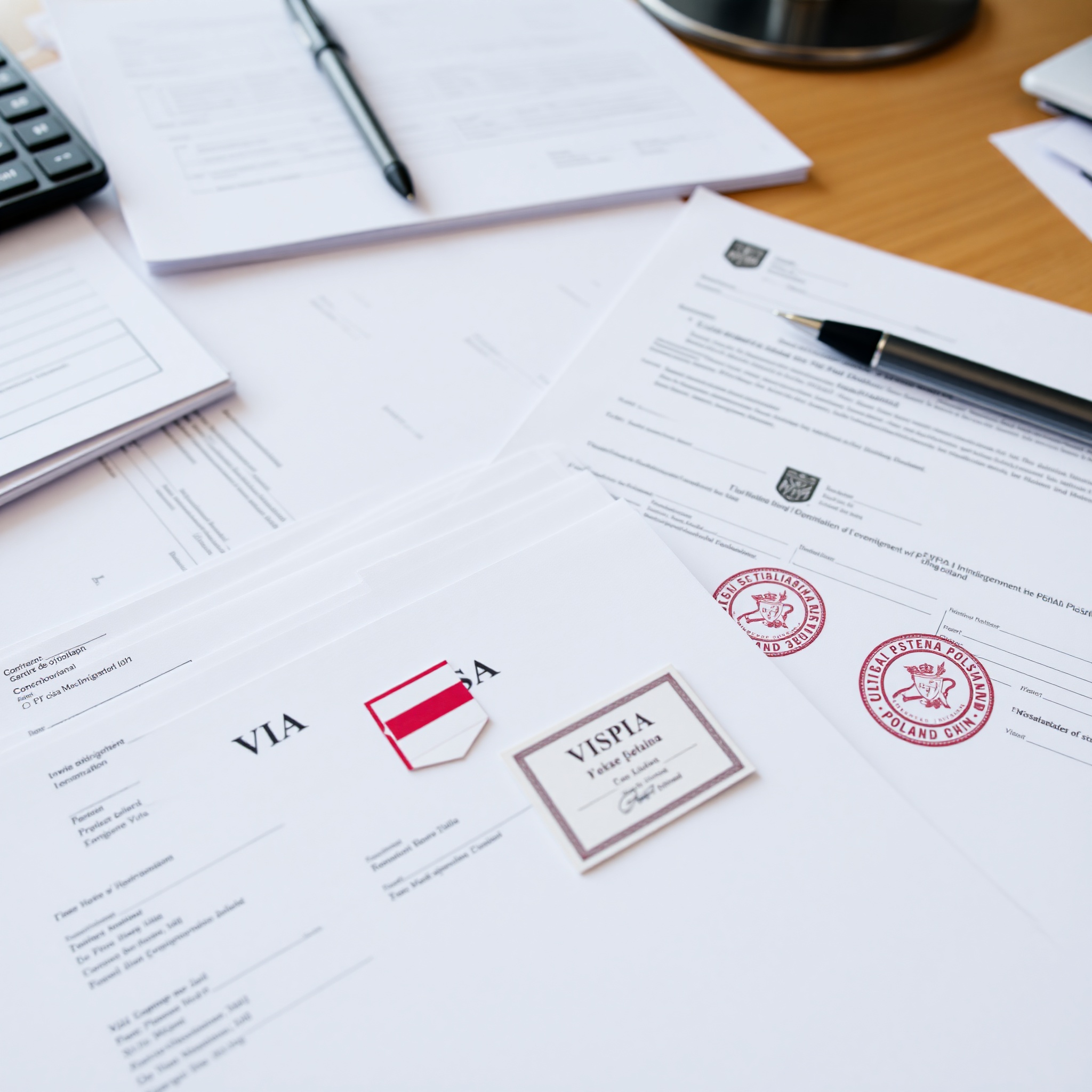 Visa documents and Polish visa stamps arranged on official paperwork